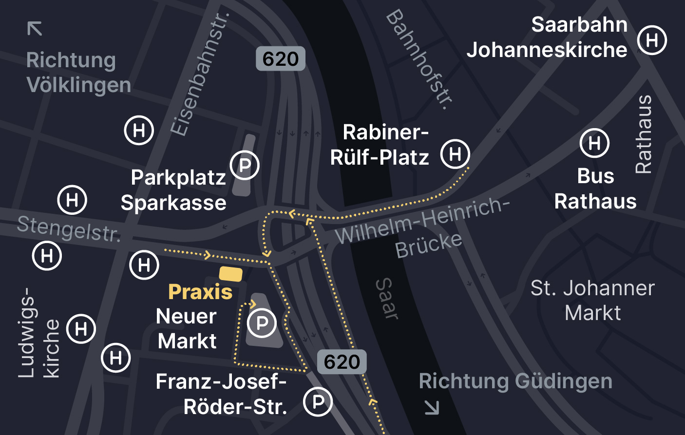 Grafische Anfahrtsskizze zur PhysioSB Praxis in Saarbrücken mit Straßennamen, Parkplätzen, Bushaltestellen und wichtigen Orientierungspunkten