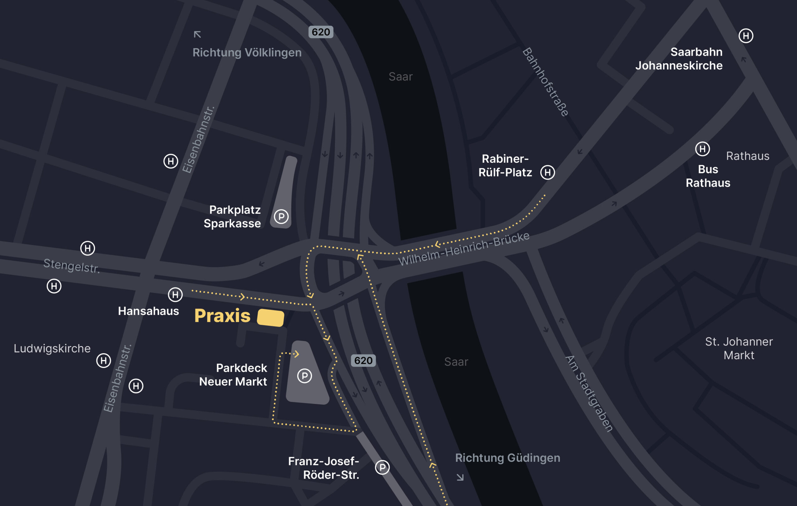 Grafische Anfahrtsskizze zur PhysioSB Praxis in Saarbrücken mit Straßennamen, Parkplätzen, Bushaltestellen und wichtigen Orientierungspunkten